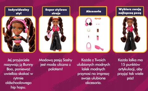 BRATZ Sasha LALKA MODOWA z 10 Akcesoriami LALECZKA DLA DZIECI POWYSTAWOWA