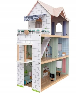 Drewniany domek dla lalek z windą GIANT BEAN XL 80cm pastelowy 18el. NOWY