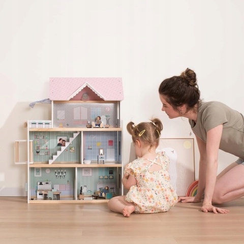 Drewniany domek dla lalek z windą GIANT BEAN XL 80cm pastelowy 18el. NOWY