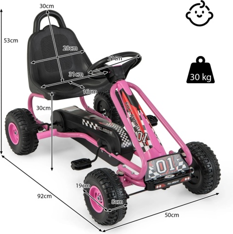 Gokart Na Pedały Hamulec Ręczny Regulowane Siedzenie Costway różowy POWYSTAWOWY